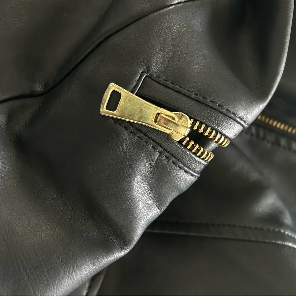 Women’s Moto Jacket Faux Black Leather Sz Medium Gold-Tone Zippers Bikercore
